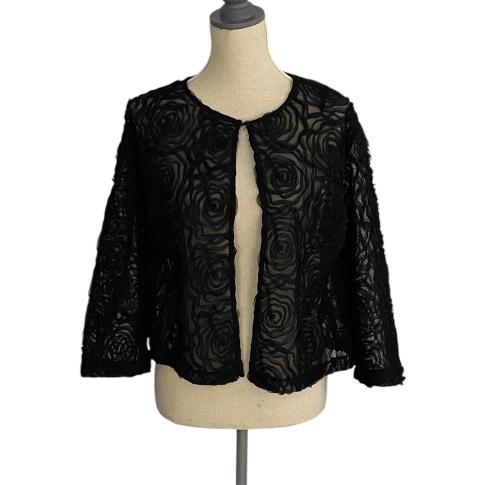 R&M Richards Evening Jacket Womens Black Rosette Mesh Formal